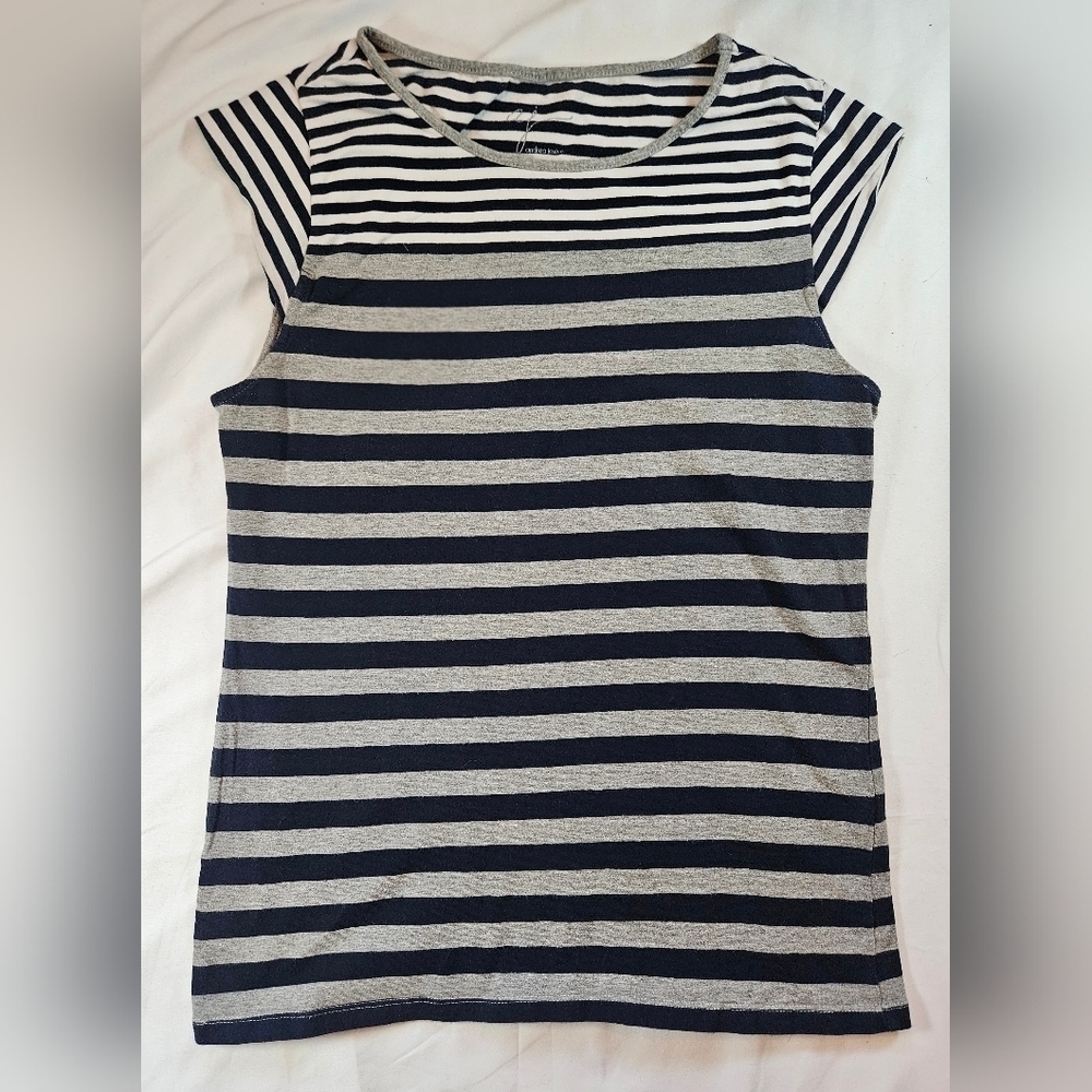 AJ Andrea Jovine Womens Blue Gray And White Striped Short Sleeve Top Size Small